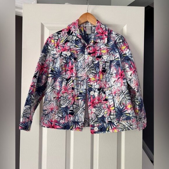 Draper’s & Damon’s Petites PS Jacket Blazer Floral Print Button Front Cotton Spa - Picture 1 of 4